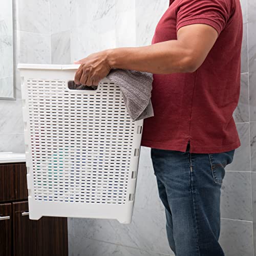 Mind Reader 61L Foldable Laundry Hamper, Clothes Basket, Lid, Wicker Design, Plastic, 18"L x 14.5"W x 21.25"H, White - color: White