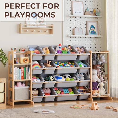 Toy Storage Organizer with Bookshelf and Stuffed Animal Storage - Kids Playroom Organization with Shelves and 16 Toy Bins - Toddler Living Room Toy Box for Lego - Nursery Bedroom Decor Essentials - color: Grey, size: 67"W,3 Shelves,16 Bins