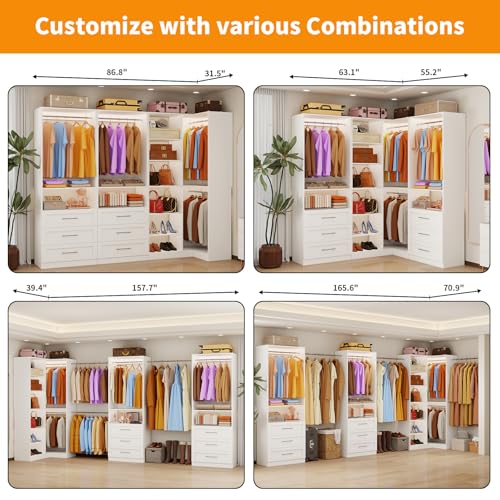 Closet System with 6 Drawers, Corner Closet Organizer Systems with 8 Shelves & 7 Hanging Rods L-Shaped Walk in Closet Freestanding Corner Tower Modular Storage System 3 Sets 2100+ Lbs Capacity White - color: 3 Sets - 86.8''