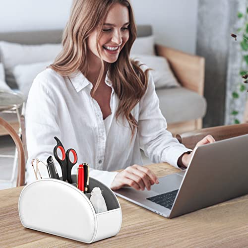Fintie Remote Control Holder, 5 Compartments Vegan Leather TV Remoter Caddy Desktop Organizer Makeup Brush Holder Storage Fits TV Remotes, Media Controllers, Office Supplies(White) - color: White