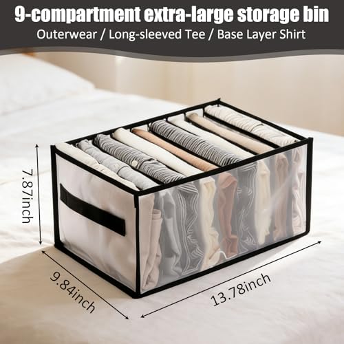 1 Pack Wardrobe Clothes Organizer, Clear Drawer Organizer with 9 Grids Divider for Clothing Jeans, Closet Bedroom Dorm Room, Black - color: 9 Grids Black
