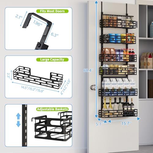 6-Tier Over The Door Pantry Organizer, Pantry Organizers and Storage, Metal Hanging Spice Rack, Over the Door Organizer for Home & Kitchen, Laundry Room Bathroom, Black - color: BlackOpenwork, size: 6-Tier