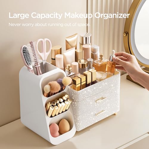 HBlife Makeup Organizer with Brush Holder for Vanity, Large Plastic Bathroom Countertop Organizer Skin Care Storage, Easy to Store Nail Polishes, Perfumes, Eyeshadow Palettes, Pearl All White - color: Pearl All White, size: Large