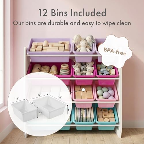 Humble Crew Toy Storage Organizer with 12 Removable Storage Bins for Kids Playroom, 4-Tier Toddler Toy Organization, White/Pink/Purple/Turquoise - color: White/Pink/Purple/Turquoise