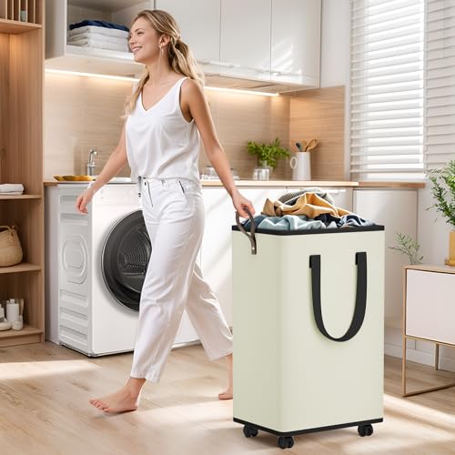 SpaceTrove Laundry Basket with Wheels, Collapsible Laundry Baskets, Laundry Hamper with Handles Detachable Wheels, Rolling Laundry Basket, Dirty Clothes Hamper for Bathroom, Dorm, Bedroom, Cream, 100L - color: Cream, size: 100L