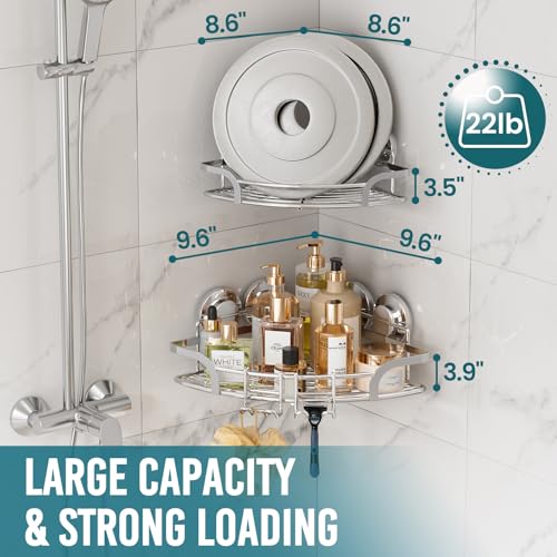 TAILI 2 Pack Powerful Suction Cup Corner Shower Caddy, Stainless Steel Rustproof Shower Shelf with Hook, Drill-Free Wall Mounted Basket, Large Capacity Removable Suction Cup Bathroom Organizer, Silver - style: Corner Caddy, Silver