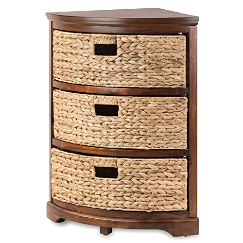 eHemco Hampton Meadows 3 Tier X-Side Corner Table Storage Cabinet with 3 Wicker Baskets, Walnut - color: Walnut, size: 14"D x 14"W x 25.5"H (3 Drawers)