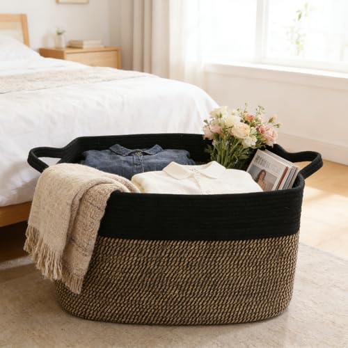 96L Large Blanket Basket,24"x16"x15"Rectangle Storage Bin with Handles,Woven Rope Laundry Basket for Toys, Clothes,Magazines,Home Organization,Nursery,Living Room & Bedroom,Black&Jute - color: Black & Jute, size: 24"x16"x15"(96L)