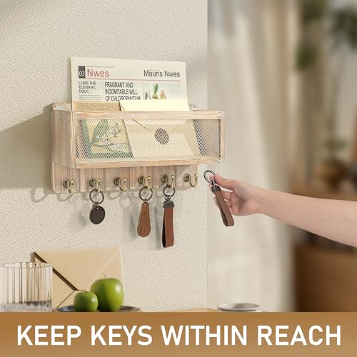 Rebee Vision Pine Wood Mail and Key Holder for Wall – Decorative Key Holder Wall Mount with Hooks & Basket for Entryway – Storage Organizer for Keys, Mail & Sunglasses (Natural) - color: Natural