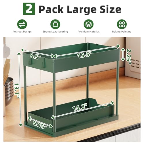 Simple Trending Under Sink Organizer 2 Pack, Sink Pull-Out Sliding Storage Cabinet, 2-Tier Under Shelf Organizer for Kitchen Bathroom, Green - color: Green, size: 2 pack