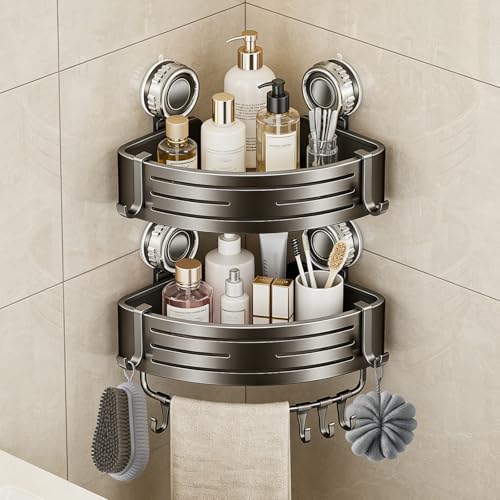 Corner Shower Caddy,Suction Cup Shower Bathroom Wall Shelf,No Drill Rust Proof Aluminum Organizer with Hooks,Floating Rack for Inside (Suction Cup Corner Shower Caddy,2 Tier,Gray) - style: Suction Cup Corner Shower Caddy ,2 Tier ,Gray