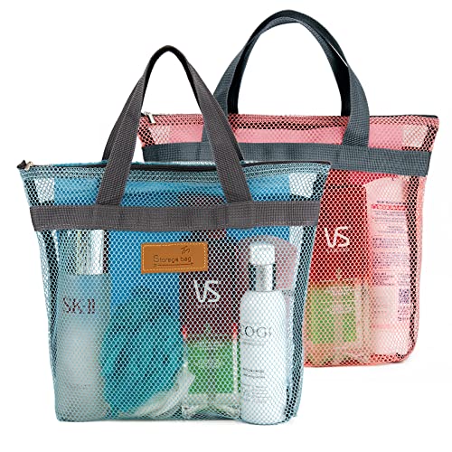 TOPASION Mesh Shower Caddy Bag Portable Hanging Toiletry and Bath Organizer with Zipper for Travel, Gym, Camping, College Dorms, Beach - color: Sky Blue&Pink