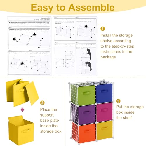 Leinuosen 6 Cube Storage Organizer with 6 Foldable Fabric Storage Bins, Metal Wire Grid Shelves, Stackable Modular Closet Organizer for Bedroom Living Room Office Toys Books(White,Colorful) - color: White,Colorful