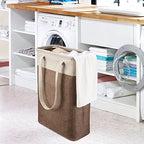 i BKGOO Laundry Basket with Handles Beige&Brown Slim Laundry Bin Collapsible Dirty Clothes Basket Narrow Laundry Bag Foldable Dirty Hamper for Camping, Dorms, Apartments - color: Beig&Brown
