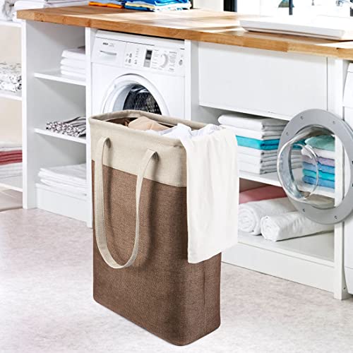 i BKGOO Laundry Basket with Handles Beige&Brown Slim Laundry Bin Collapsible Dirty Clothes Basket Narrow Laundry Bag Foldable Dirty Hamper for Camping, Dorms, Apartments - color: Beig&Brown