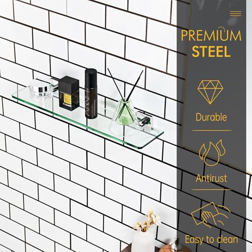 KOKOSIRI Bathroom Shelves Wall Mounted 20-Inch Floating Glass Shelf Kitchen Hanging Rack for Shower Storage Decor, Polished Stainless Steel B1107CH-L20 - color: Polished Chrome, size: 20-Inch