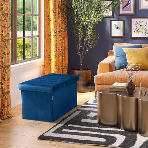 Seville Classics Cushioned Fabric Ottoman Hidden Storage Chest Footrest Chair, Padded Seat for Bedroom, Dorm, Loft, Living Room, Entryway, Hallway, Blue Velvet, 30" Bench - color: Blue Velvet, size: 15.7"D x 30"W x 15.7"H