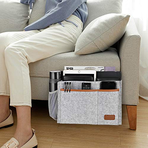 Bedside Caddy, Felt Bed Storage Organizer Hanging Bag Holder with 5 Pockets, Magazine Book Phone Tablet iPad Cables Remote and Water Bottle Holder for Home Dorm Bed Sofa, Light Gray - color: Light Gray
