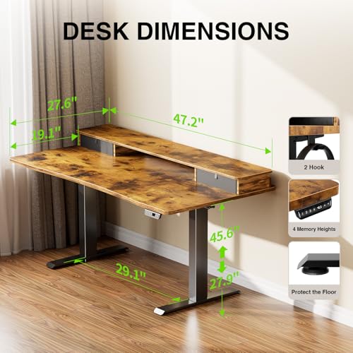 Veken 47.2"×27.6" Standing Desk with Storage Drawers, Adjustable Height Computer Table with Monitor Shelf, Home Office Desk for Study, Gaming, Workstation, Brown - color: Brown