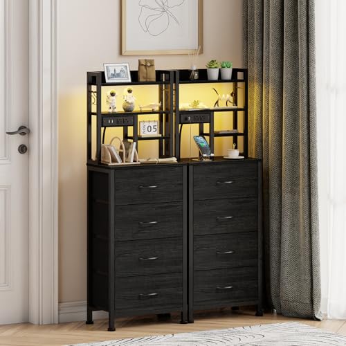Furnulem Tall Nightstand, LED Night Stand with Charging Station and USB Ports, 4 Fabric Drawers and 4 Tier Storage Shelf, Nightstands Bedside Tables for Bedroom, Dorm, Office (Black Oak) - color: Black Oak, size: 4 Drawer