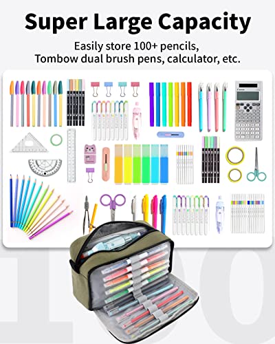 Sooez Big Capacity Pencil Pen Case, Upgraded Canvas Pencil Pouch Large Pencil Bag Organizer, Separate Compartments Easy Grip Handle, Aesthetic Supply for School Teens Adults, Army Green - color: Canvas Army Green
