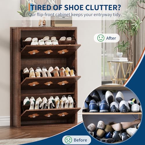 GarveeHome Shoe Storage Cabinet with 3 Flip Drawers, Narrow Wood Shoe Organizer Cabinet with Floral Pattern, Freestanding Slim Shoe Rack Cabinet with Adjustable Shelves, for Entryway, Hallway, Brown - color: Brownish-red, size: 3-Drawers