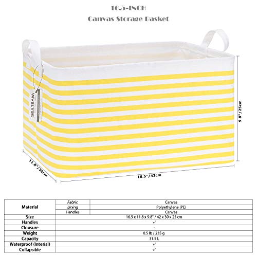 Sea Team Collapsible Canvas Fabric Storage Basket with Handles, Rectangle Waterproof Storage Bin, Box, Cube, Foldable Shelf Basket, Closet Organizer, 16.5 x 11.8 x 9.8 Inches, Yellow Stripe - color: Stripe/Yellow, size: 16.5 Inch (Pack of 1)