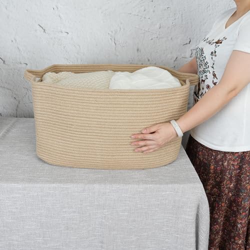 XUANGUO Large Rectangle Blankets Basket Living Room 22"x17"x12" Woven Jute Rope Storage Baskets for Nursery Toy Baskets for Kids and Dogs Wicker Laundry Basket Bin for Clothes Towels - color: Jute