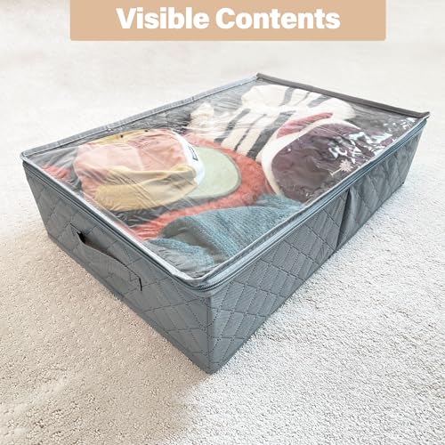 LotFancy Foldable Under Bed Storage Bags, Closet Organizers and Storage Bins, Clothes Blankets Organizer, with Clear Window and Reinforced Handles, 24” x 16” x 6", Pack of 2, Gray