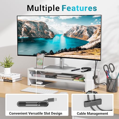 BONTEC Wood Monitor Stand Riser, 2-Tier Desktop Organizer with Storage, Ergonomic Computer Stand for Desk, Cable Management, Cellphone Holder, 21.3 Inch Shelf, White - color: White, size: 21.3inch