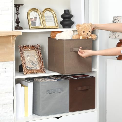 Karenhi 11" x 10. 5" x 10. 5" Brown Gray Storage Cube, 6 Pack Fabric Cube Storage Bins Organizer Box, Collapsible Baskets with Handles Foldable Shelf for Cloth Toys Home Room Closet, Pack of 6 - color: Brown Gray