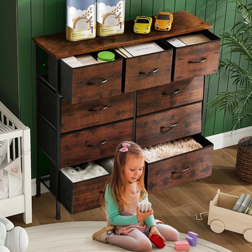 Dresser for Bedroom, 9 Storage Drawers, Anti-Tip Tall Fabric Closet Chests Organizer Tower Furniture with Wooden Top Metal Frame for Clothes, Living Room, Hallway, Entryway