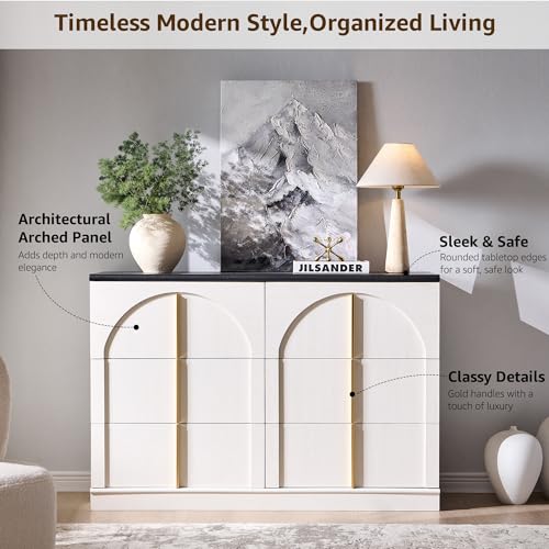 ACCOHOHO Arched Dresser for Bedroom with 6 Drawers, 47.3" Wide Modern Chest of Drawers with Rounded Edge & Metal Handles, Wood Storage Closet Dressers TV Stand for Living Room, Hallway, White - color: White, size: 15.6"D x 47.3"W x 32"H (6 Drawers)
