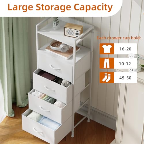 Somdot White Nightstand with 4 Drawers, Vertical Storage Tower Fabric Dresser for Bedroom, Bedside Table Furniture, Sturdy Steel Frame, Wooden Top & Easy Pull Fabric Bins - color: White Leather, size: 11.4"D x 15.2"W x 36.3"H (4 Drawers)