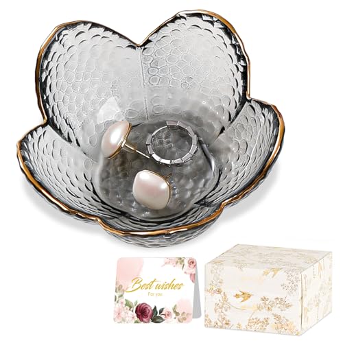 Grey Flower Jewelry Dish Glass Ring Dish Jewelry Tray Cute Vanity Organizer Room Decor Aesthetic Nightstand Bathroom Decor Trinket Dish Ring Holder Dish House Warming Gifts Stocking Stuffers for Women - color: Grey