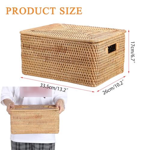 Hipiwe Wicker Storage Bins with Lid Handwoven Rattan Baskets Rectangular Decorative Shelf Baskets Bin with Handles Household Basket Boxes for Home Organizing,13.2"L x10.2"W x6.7"H - size: 13.2"L x 10.2"W x 6.7"H