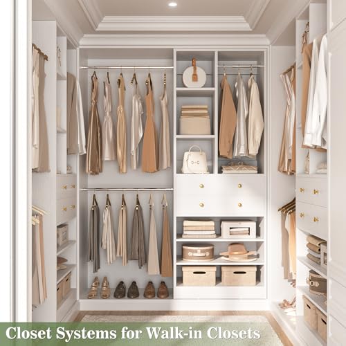 Besiost Closet System, 4.2–8.8 FT Closet Organizer with 2 Wooden Drawers and Shelves, Walk-in Closet System with 5 Hang Rods, Built-in Reach in Closet Tower, Can Fit 60 to 96 inch, White - color: White