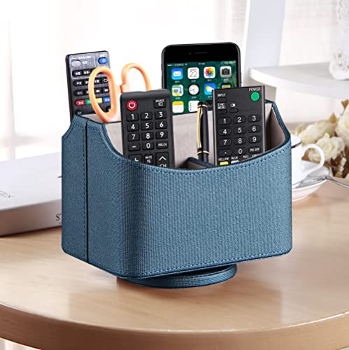 PUSU Remote Control Holder PU Leather 360 Degrees Rotatable Desktop Supply Organizer Storage Box for Controllers Media Stationery Nightstand TV Caddy E-reader iPad Phone Pen/Pencil Cosmetic - color: Blue