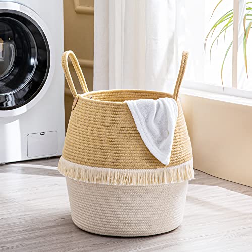 KAKAMAY Woven Baskets for Storage(17"x17"),Large Cotton Rope Woven Baby Laundry Hamper,Collapsible Laundry Basket, Blanket Basket for Organizing Living Room,Nursery,Pillows,Toy Chest(Beige) - color: Beige Fringe