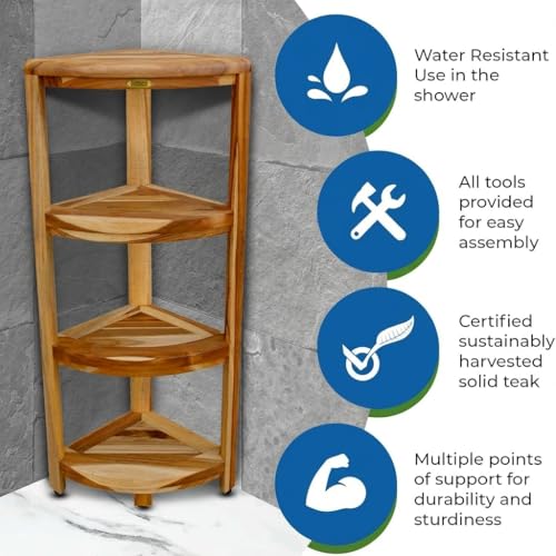 EcoDecors Corner Snazzy Corner Four Tier Natural Color Shelf Waterproof Teak Wood Shower Bench Stool Seat Chair For Inside Shower Provides Safety, Storage, and Organization For Bathroom Accessories - size: 4 tier