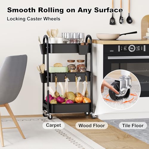 3 Tier Black Rolling Cart Metal with Wheels, Basket, Cups & Hooks, Three Tier Utility Carts on Wheels, Can Organizer for Pantry Floor, Kitchen Storage Rack, Snack Shelf Carts, Vianderos para Cocina - color: Black, size: 3 Tier+Cups+Hooks