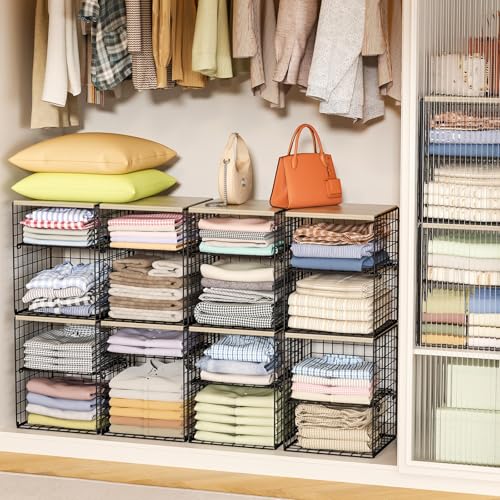 4-Tier Stackable Closet Organizers and Storage, Adjustable Dividers & Wood Top Storage Shelves for Clothes, Wardrobe & Closet Storage Basket Bins/Cube, Space-Saving Closet Organizer System, Black - color: Black