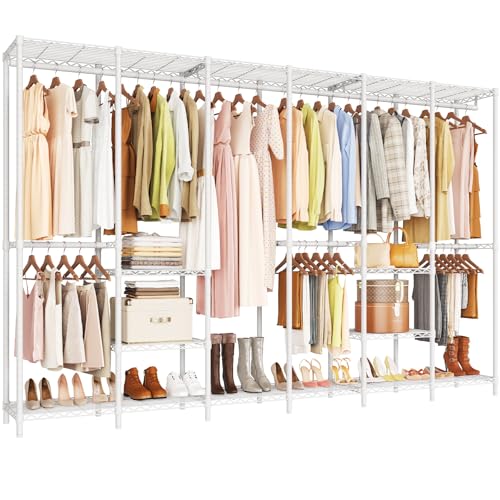 ONBRILL F6 Free Standing Industrial Pipe Clothes Rack, Large Heavy Duty Metal Garment Rack, Closet Organizer Storage System with Adjustable Shelves & Hanging Rods, Portable Wardrobe - White - color: White