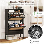 YIKEHOME 23.5" Shoe Storage Cabinet with 2 Rattan Flip Drawers, Freestanding Slim Shoe Organizer with Built-in Recessed Power Strip for Entryway, Foyer, Hallway, Black