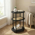Small Rattan Side/Accent Table with Storage, 3 Tier Round/Oval End Table with Rattan Shelf & Metal Basket, Boho Nightstand, Tool Free Assembly/Screw-Hole Free Tabletop-Living Room Bedroom-Black - color: Black-rattan, size: 1PC