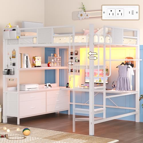 Dnxao Full Size Loft Bed with Desk and 5 Storage Drawers, Heavy Duty Metal Loft Bed with Charging Station, LED Lights & Pegboard, Space-Saving Workstation for Teens & Adults, White | Clothes Rack - color: White, size: Full loft bed with 5 drawer
