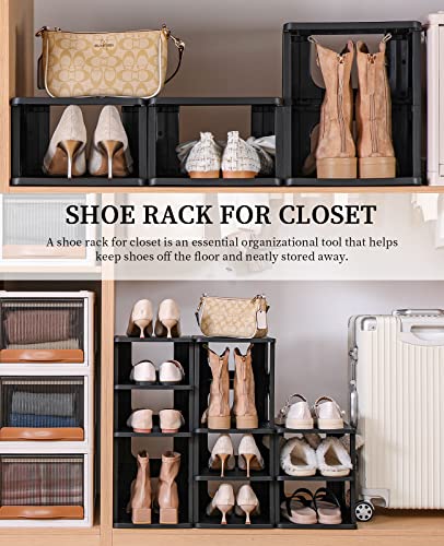 HAIXIN Adjustable 10 Tier Shoe Organizer - Narrow Plastic Vertical Shoe Rack for Closet, Entryway, Boots - Stackable Shoe Cabinet - color: Black, size: 10 Tier