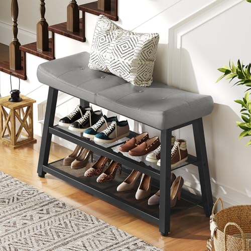 YATINEY Shoe Bench, 3-Tier Shoe Rack, Entryway Bench with Storage and Cushion, for Hallway, Foyer, Bedroom, Gray and Black HX02BG - color: Gray + Black