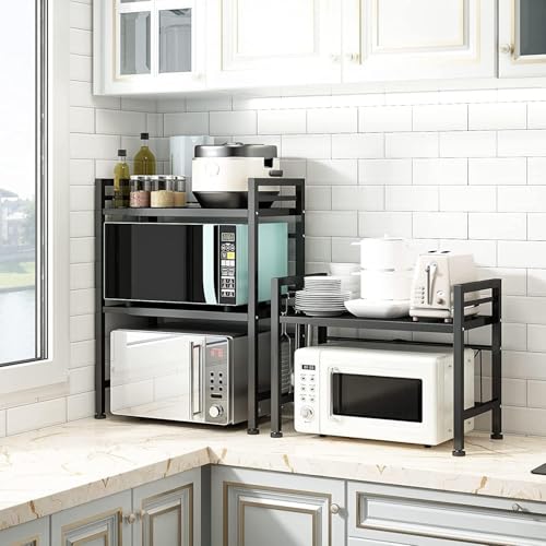 DOLALIKE Microwave Oven Rack, Expandable Microwave Stand Countertop Kitchen Utensils Tableware Storage, Carbon Steel Over Microwave Shelf Countertop with 3 Hooks - color: Black, size: 2 Tier (Without Spice Rack)