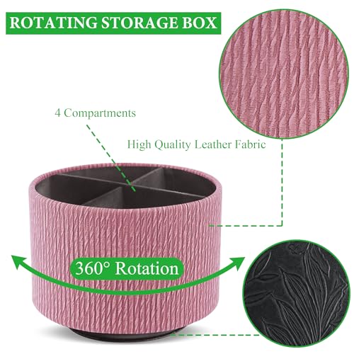 Round Leather Art Supply Organizer,Remote Control Holder,360 Degree Spinning,Multi-Functional Pencil Holder,4 Compartments Desktop Stationary Organizer(1-Wood Pink) - color: 1-Wood Pink